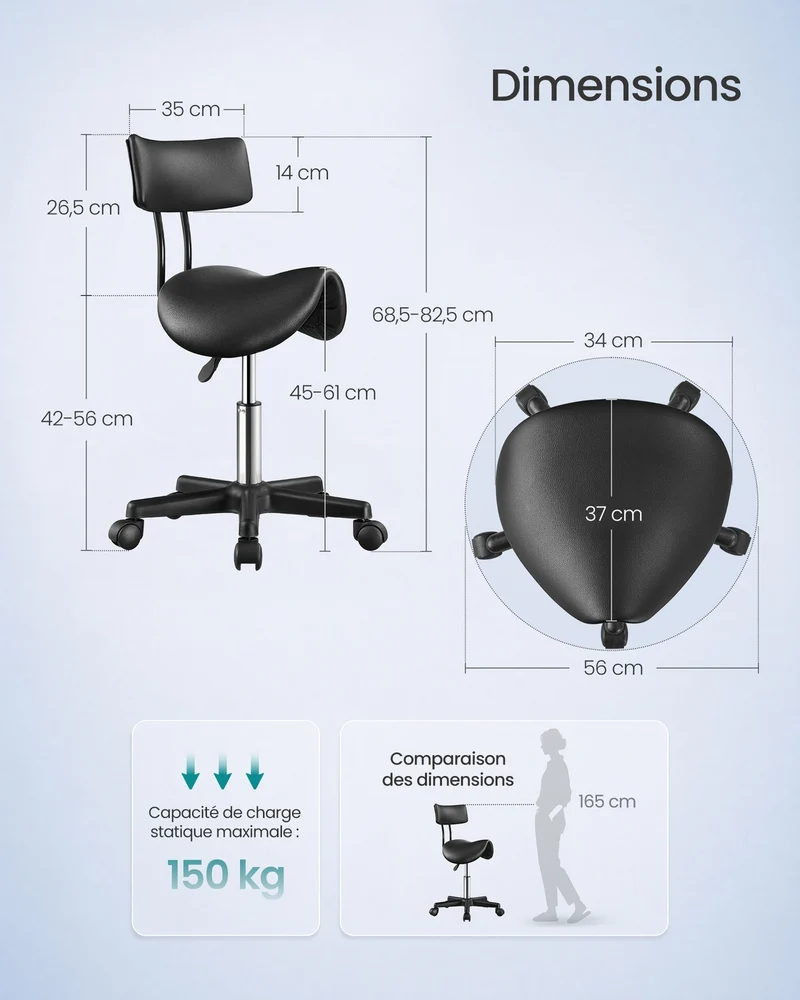 Tabouret à roulettes ergonomique réglable en hauteur 56 x 56 x 82 cm assise confortable style moderne en cuir noir 12_0013056