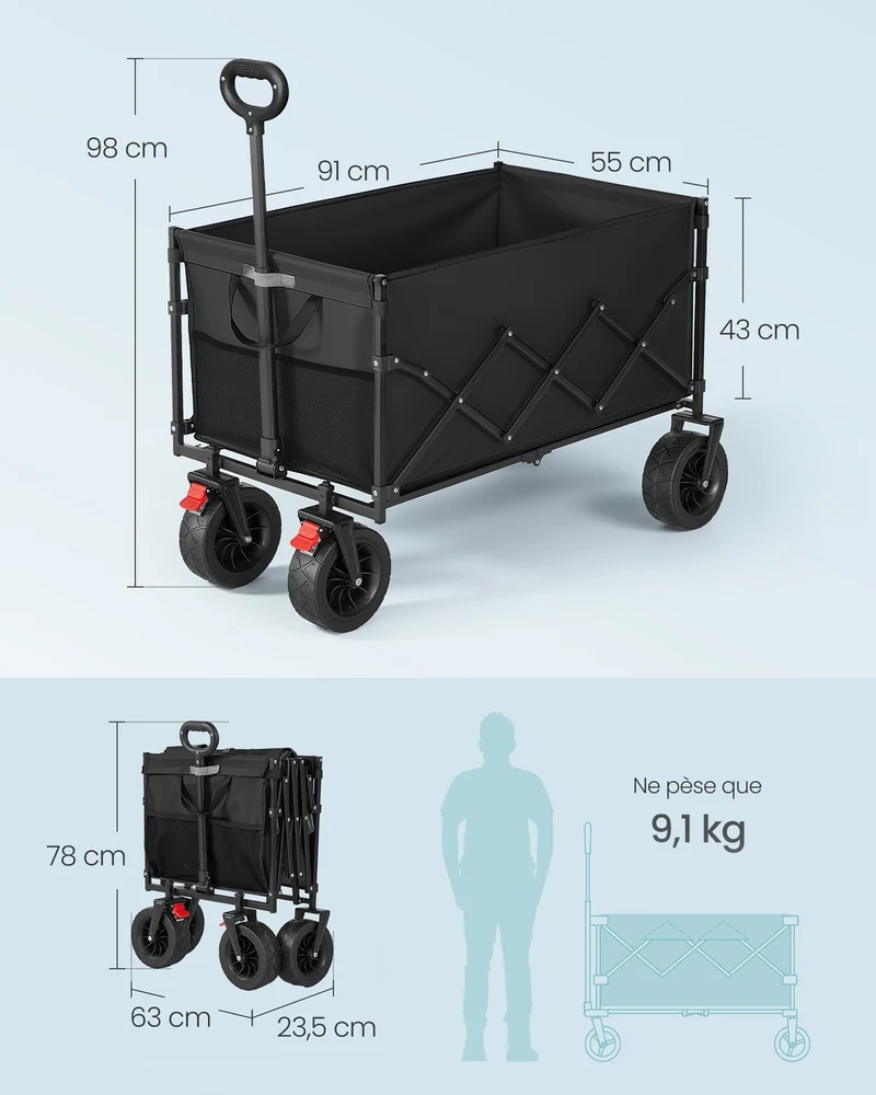 Chariot de transport pliable extérieur jardin 55 x 91 x 98 cm 200 L charge 180 kg design pratique en plastique noir 12_0013022
