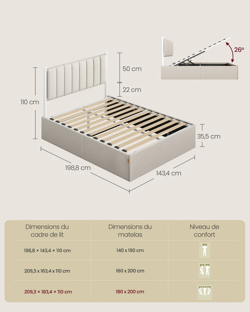 Lit coffre moderne 198,8 x 143,4 x 110 cm avec rangement intégré système hydraulique chic en tissu imitation lin beige cappuccino 12_0012757