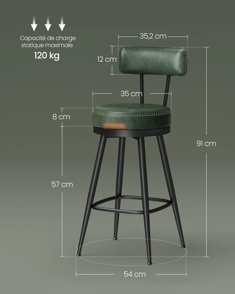 Lot de 2 tabourets de bar modernes 54 x 54 x 91 cm assise ergonomique finition en métal vert forêt 12_0011172