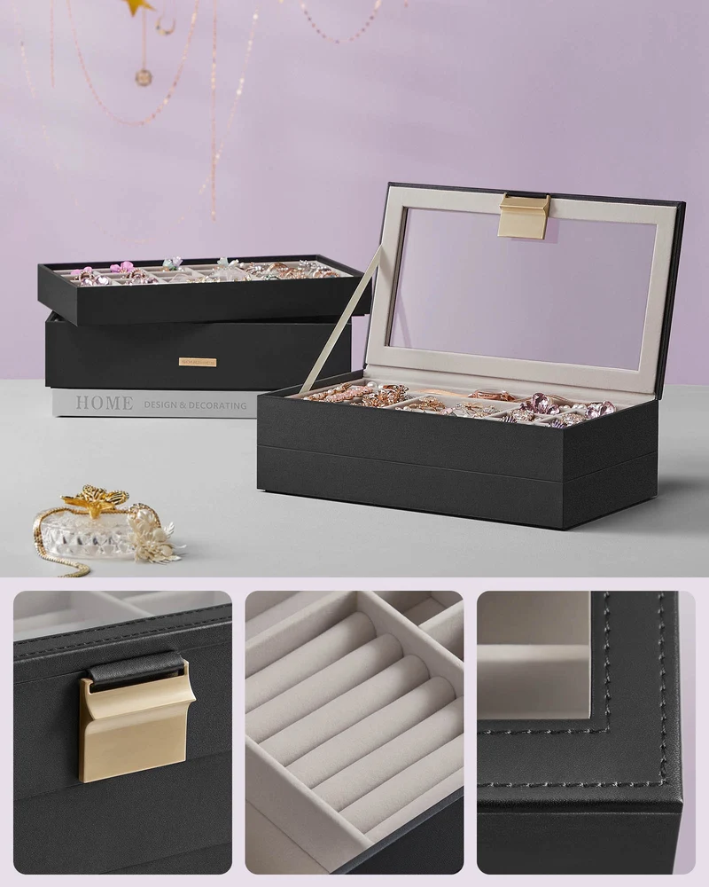 Boîte à bijoux avec 4 plateaux empilables pratique pour tiroir coiffeuse 17 x 28 x 18,3 cm en MDF noir 12_0010589