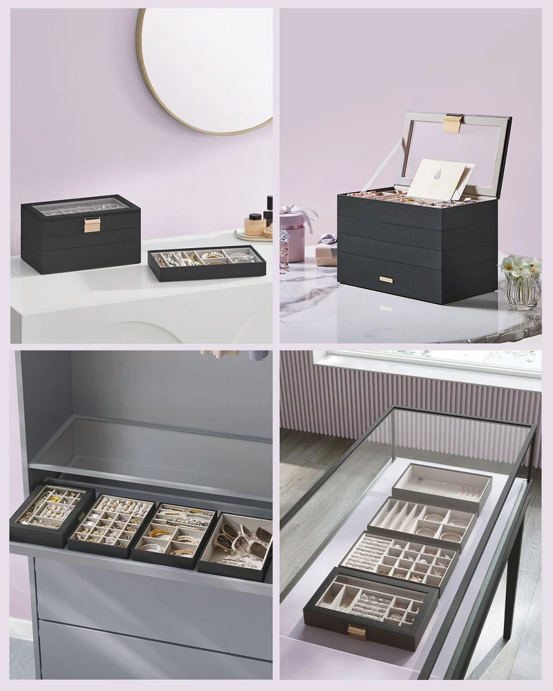 Boîte à bijoux avec 4 plateaux empilables pratique pour tiroir coiffeuse 17 x 28 x 18,3 cm en MDF noir 12_0010589