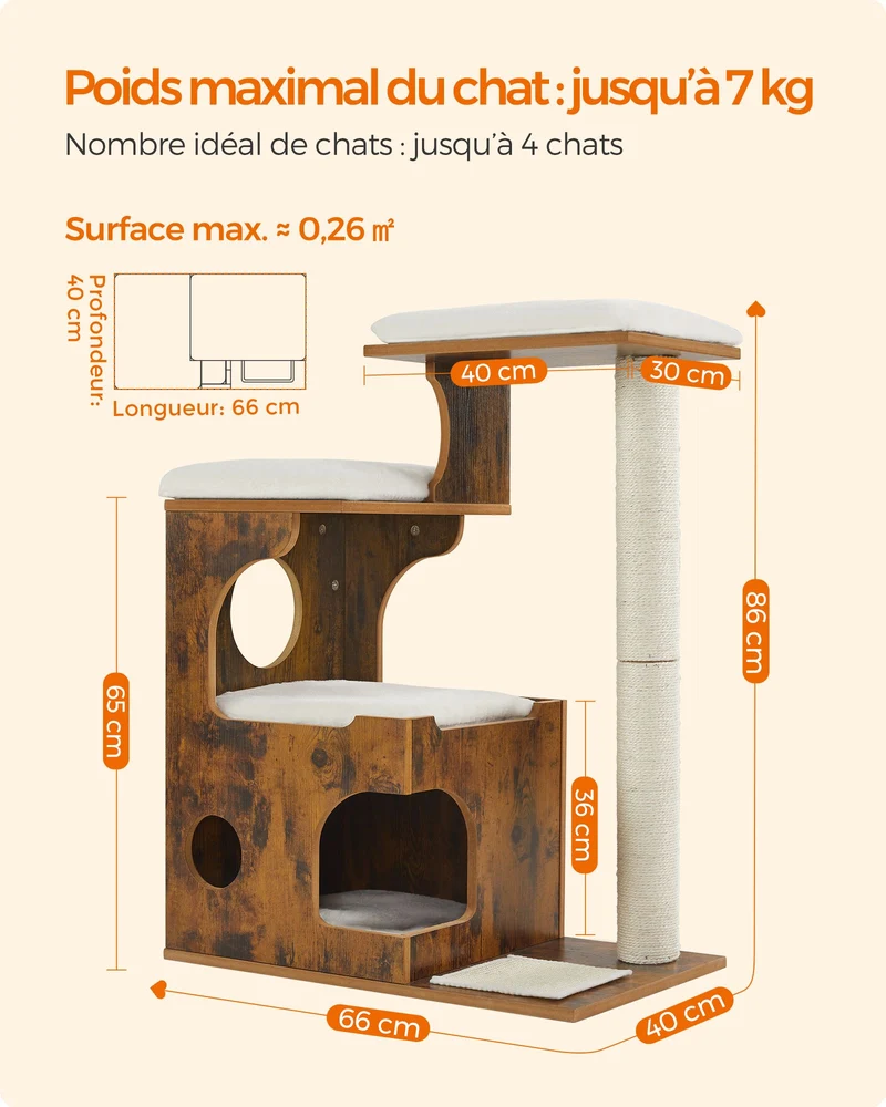 Arbre à chat vintage avec 3 plateformes et 1 grotte 66 x 40 x 86 cm style douillet en MDF marron rustique