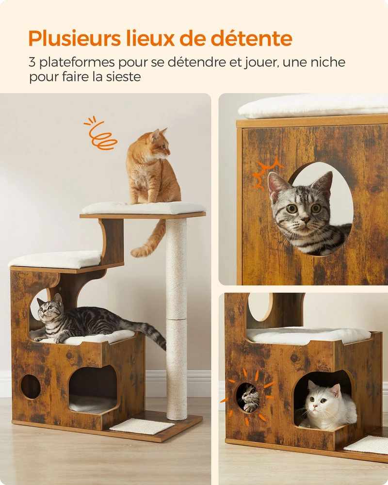 Arbre à chat vintage avec 3 plateformes et 1 grotte 66 x 40 x 86 cm style douillet en MDF marron rustique