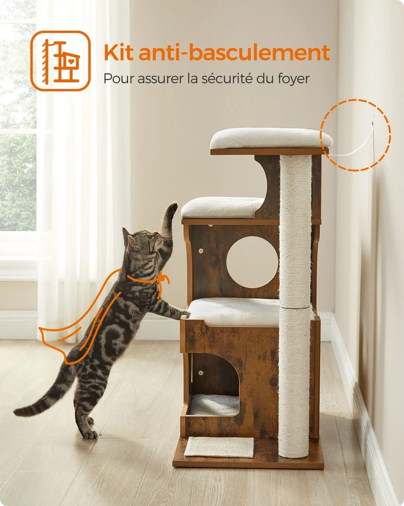Arbre à chat vintage avec 3 plateformes et 1 grotte 66 x 40 x 86 cm style douillet en MDF marron rustique
