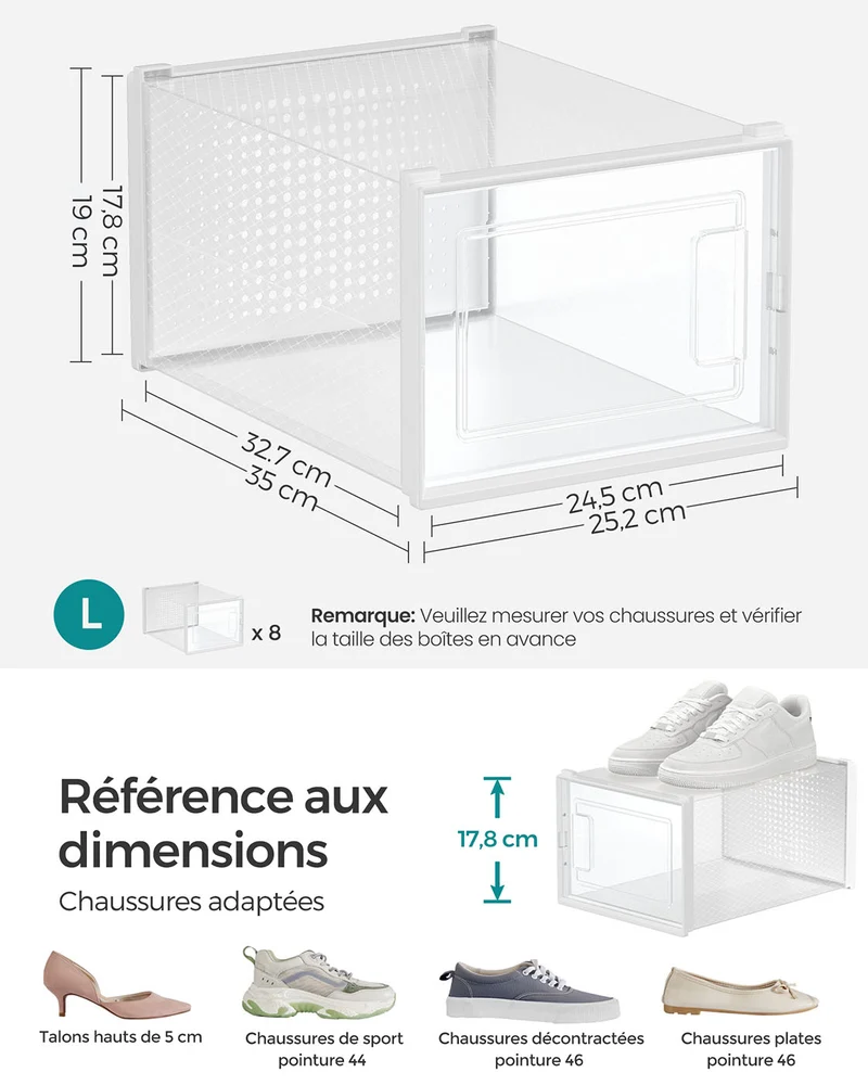 Boîtes à chaussures lot de 18 rangement chaussures pliable pour pointure jusqu’à 44 transparent et blanc 12_0004440