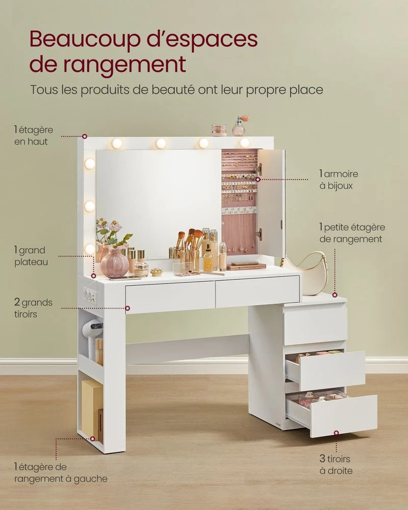 Coiffeuse moderne avec éclairage LED et miroir 40 x 125 x 140 cm ambiance chic en panneaux d’aggloméré blanc 12_0012997