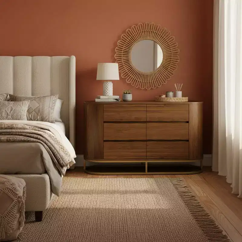 Commode moderne à 6 tiroirs avec plateau Live Edge, piètement en métal et construction en bois mélangé durable