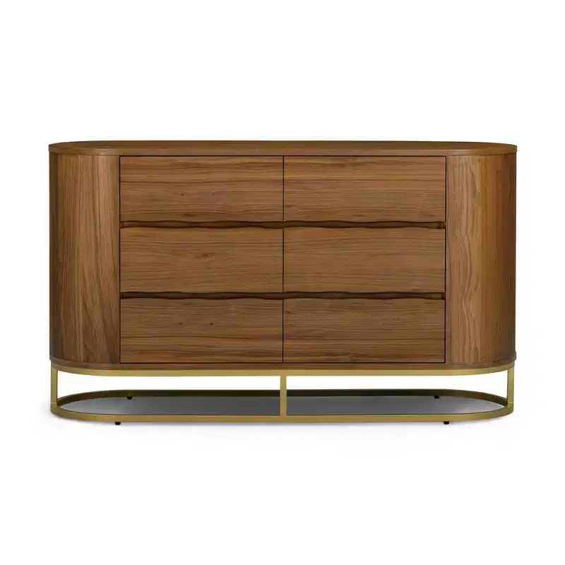 Commode moderne à 6 tiroirs avec plateau Live Edge, piètement en métal et construction en bois mélangé durable