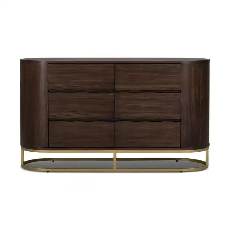 Commode moderne à 6 tiroirs avec plateau Live Edge, piètement en métal et construction en bois mélangé durable