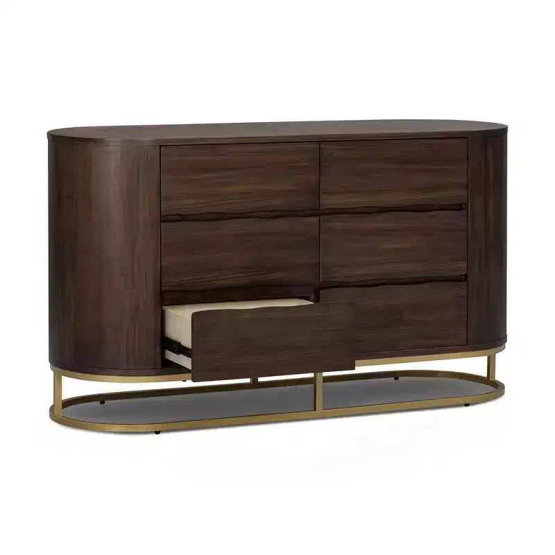 Commode moderne à 6 tiroirs avec plateau Live Edge, piètement en métal et construction en bois mélangé durable