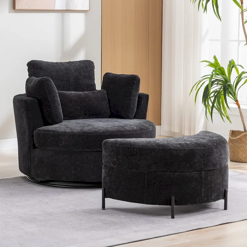 Fauteuil d'appoint pivotant rembourré 42,3 W avec 4 oreillers et pouf de rangement demi-lune