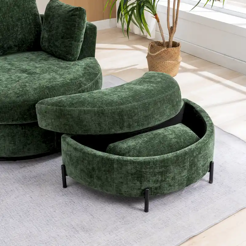 Fauteuil d'appoint pivotant rembourré 42,3 W avec 4 oreillers et pouf de rangement demi-lune