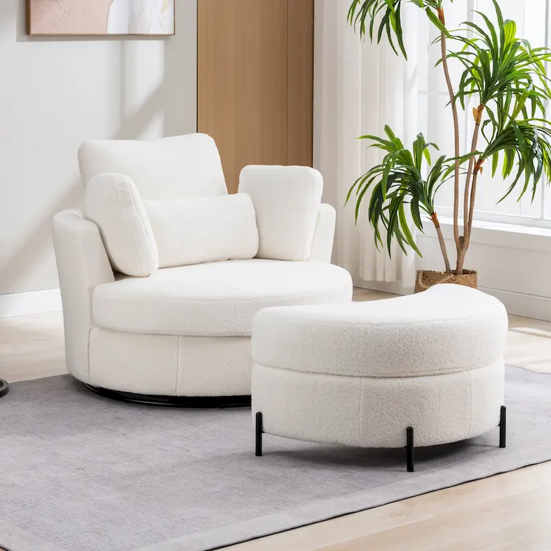 Fauteuil d'appoint pivotant rembourré 42,3 W avec 4 oreillers et pouf de rangement demi-lune