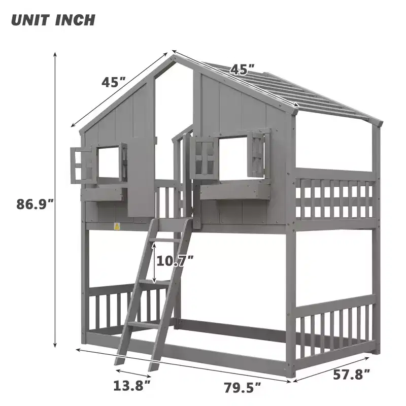 Lit mezzanine cabane de taille double, lit mezzanine cabane en bois avec échelle et barrières de sécurité pour enfants