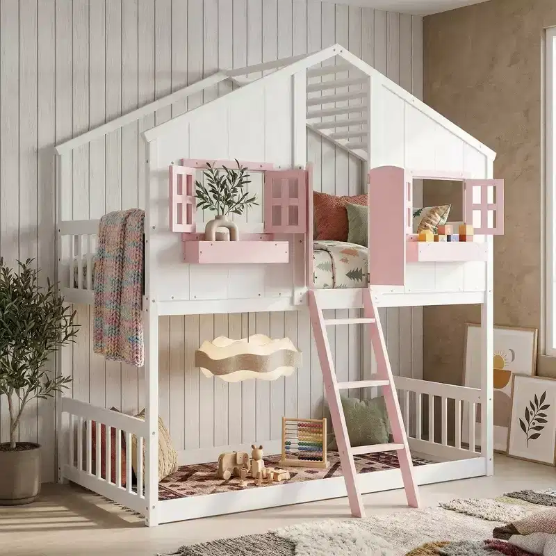 Lit mezzanine cabane de taille double, lit mezzanine cabane en bois avec échelle et barrières de sécurité pour enfants