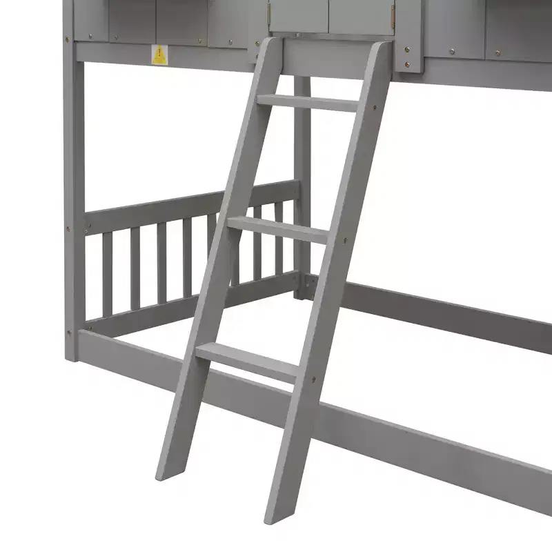 Lit mezzanine cabane de taille double, lit mezzanine cabane en bois avec échelle et barrières de sécurité pour enfants
