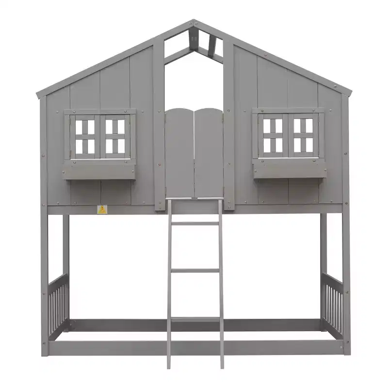 Lit mezzanine cabane de taille double, lit mezzanine cabane en bois avec échelle et barrières de sécurité pour enfants