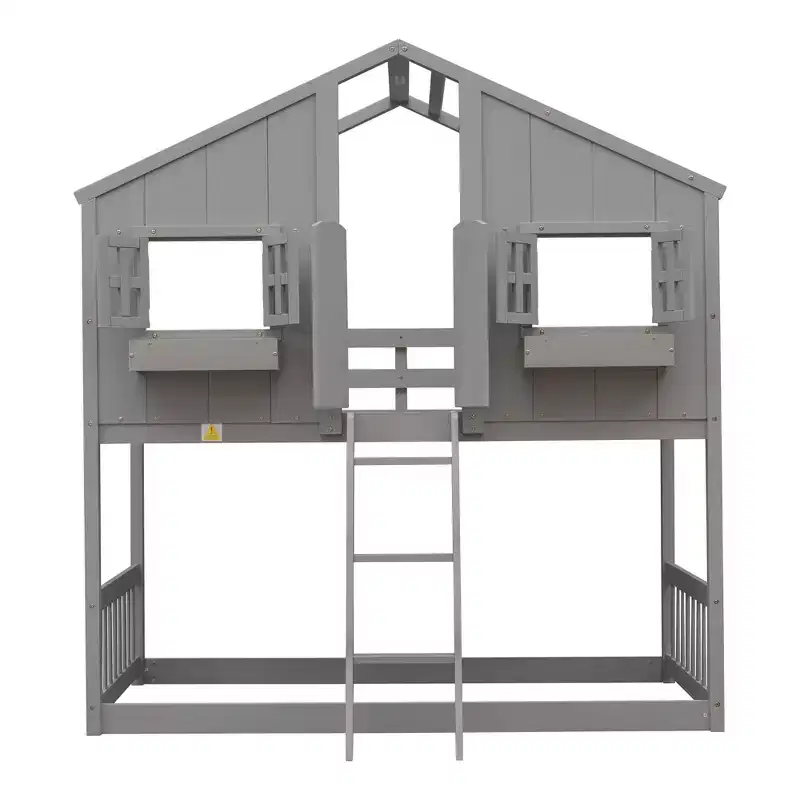 Lit mezzanine cabane de taille double, lit mezzanine cabane en bois avec échelle et barrières de sécurité pour enfants