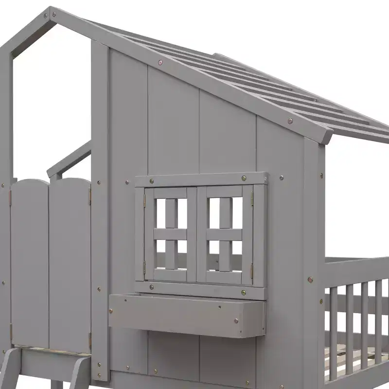 Lit mezzanine cabane de taille double, lit mezzanine cabane en bois avec échelle et barrières de sécurité pour enfants