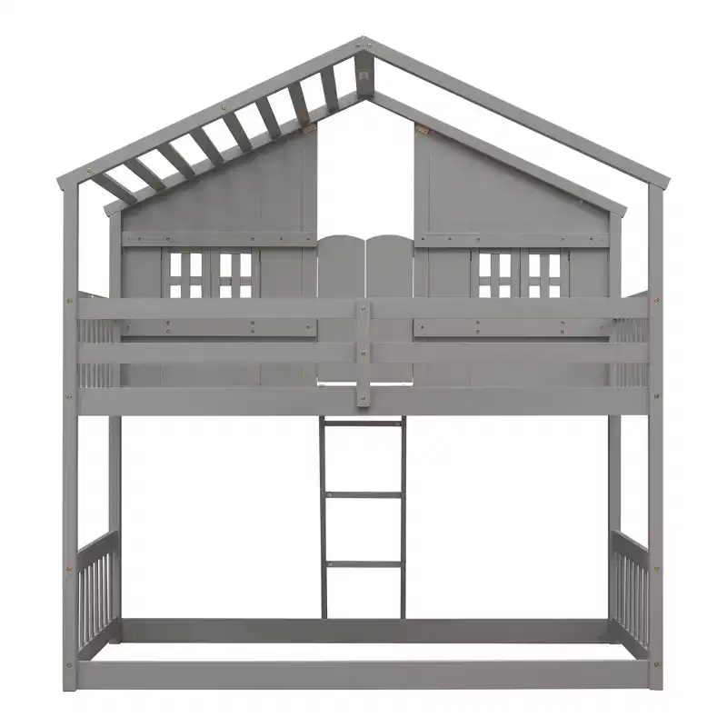 Lit mezzanine cabane de taille double, lit mezzanine cabane en bois avec échelle et barrières de sécurité pour enfants