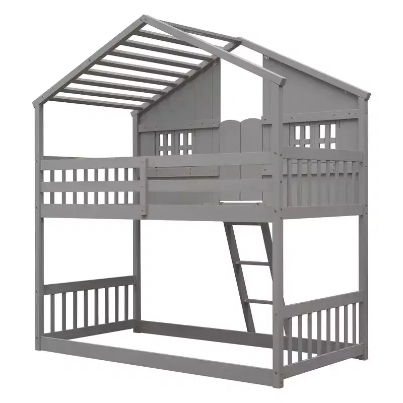 Lit mezzanine cabane de taille double, lit mezzanine cabane en bois avec échelle et barrières de sécurité pour enfants