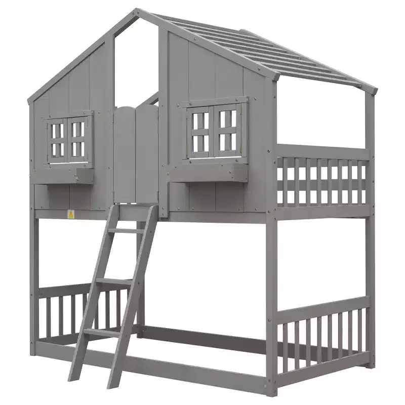 Lit mezzanine cabane de taille double, lit mezzanine cabane en bois avec échelle et barrières de sécurité pour enfants