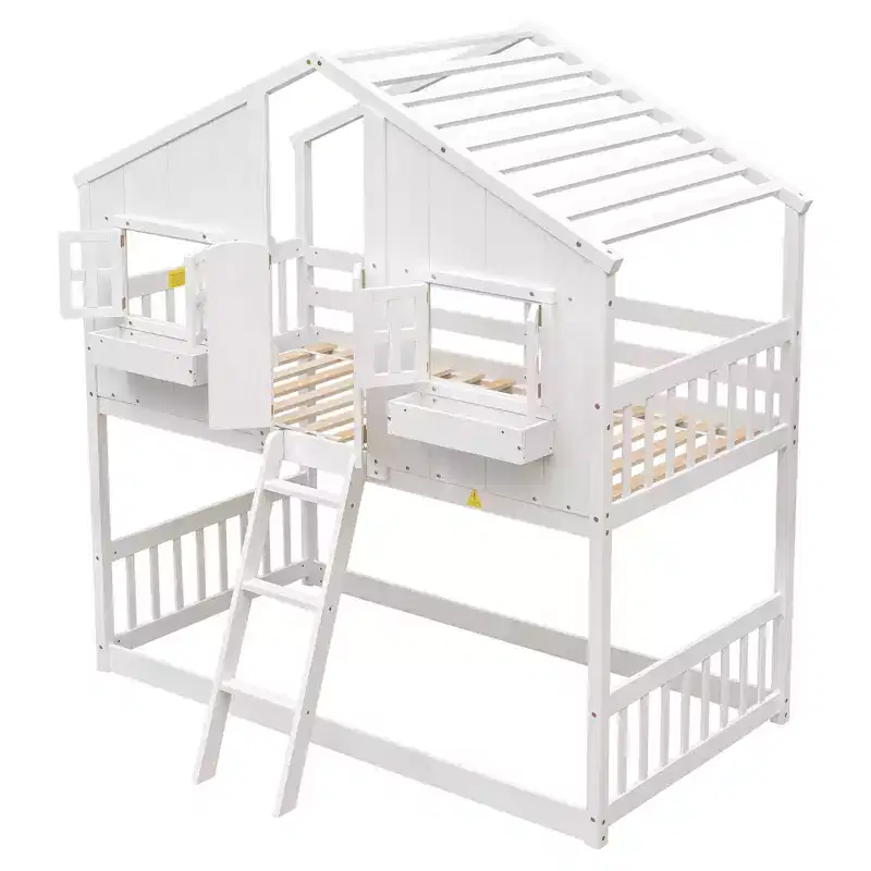 Lit mezzanine cabane de taille double, lit mezzanine cabane en bois avec échelle et barrières de sécurité pour enfants