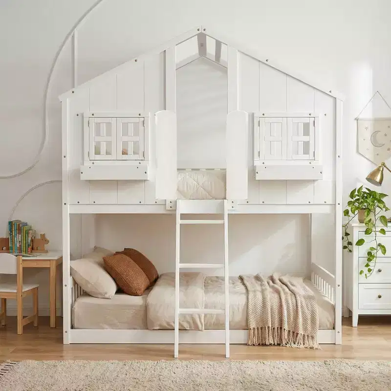 Lit mezzanine cabane de taille double, lit mezzanine cabane en bois avec échelle et barrières de sécurité pour enfants