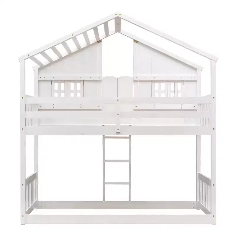 Lit mezzanine cabane de taille double, lit mezzanine cabane en bois avec échelle et barrières de sécurité pour enfants
