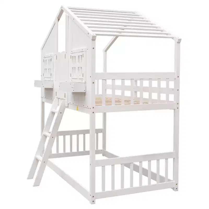 Lit mezzanine cabane de taille double, lit mezzanine cabane en bois avec échelle et barrières de sécurité pour enfants