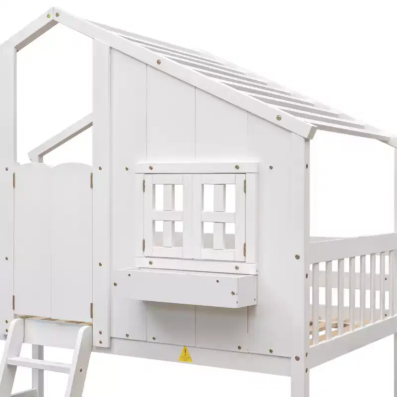 Lit mezzanine cabane de taille double, lit mezzanine cabane en bois avec échelle et barrières de sécurité pour enfants