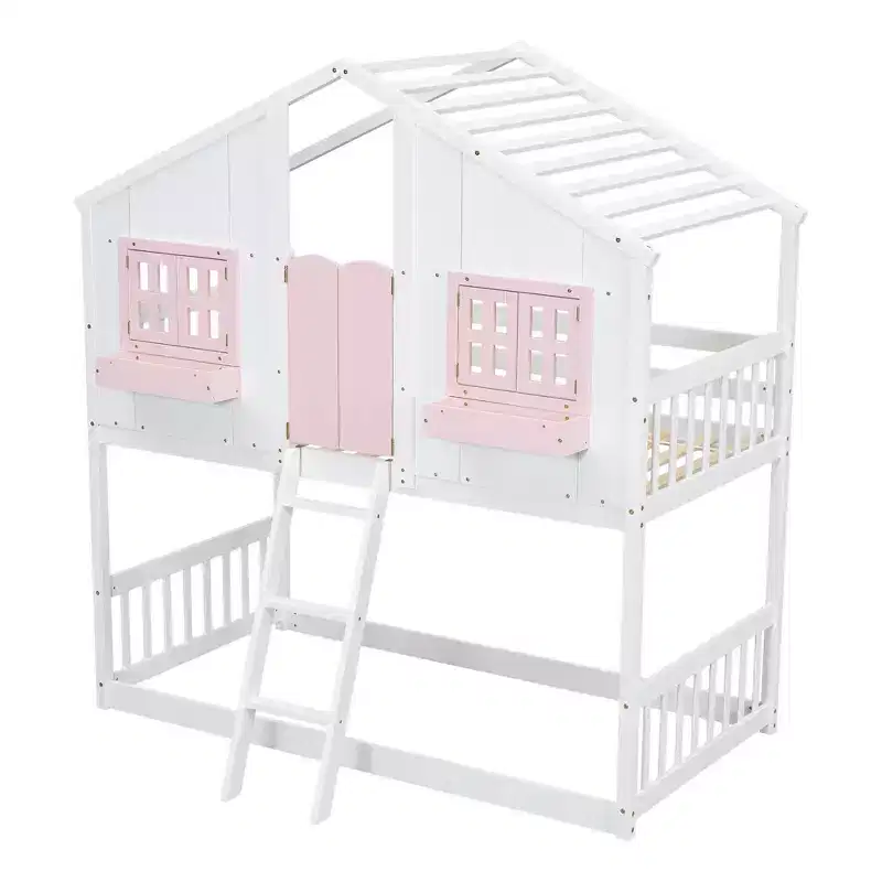 Lit mezzanine cabane de taille double, lit mezzanine cabane en bois avec échelle et barrières de sécurité pour enfants
