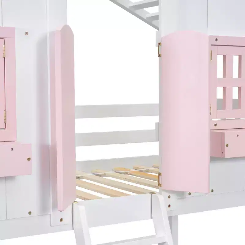 Lit mezzanine cabane de taille double, lit mezzanine cabane en bois avec échelle et barrières de sécurité pour enfants