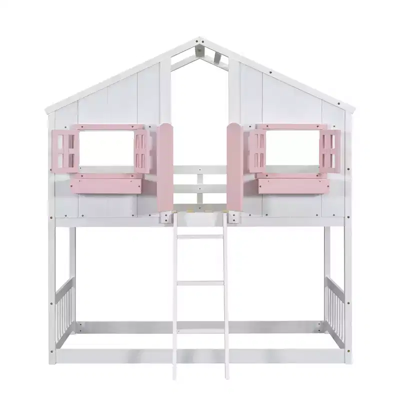 Lit mezzanine cabane de taille double, lit mezzanine cabane en bois avec échelle et barrières de sécurité pour enfants