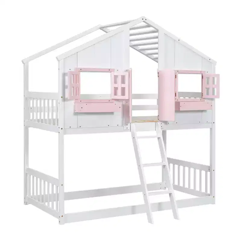 Lit mezzanine cabane de taille double, lit mezzanine cabane en bois avec échelle et barrières de sécurité pour enfants