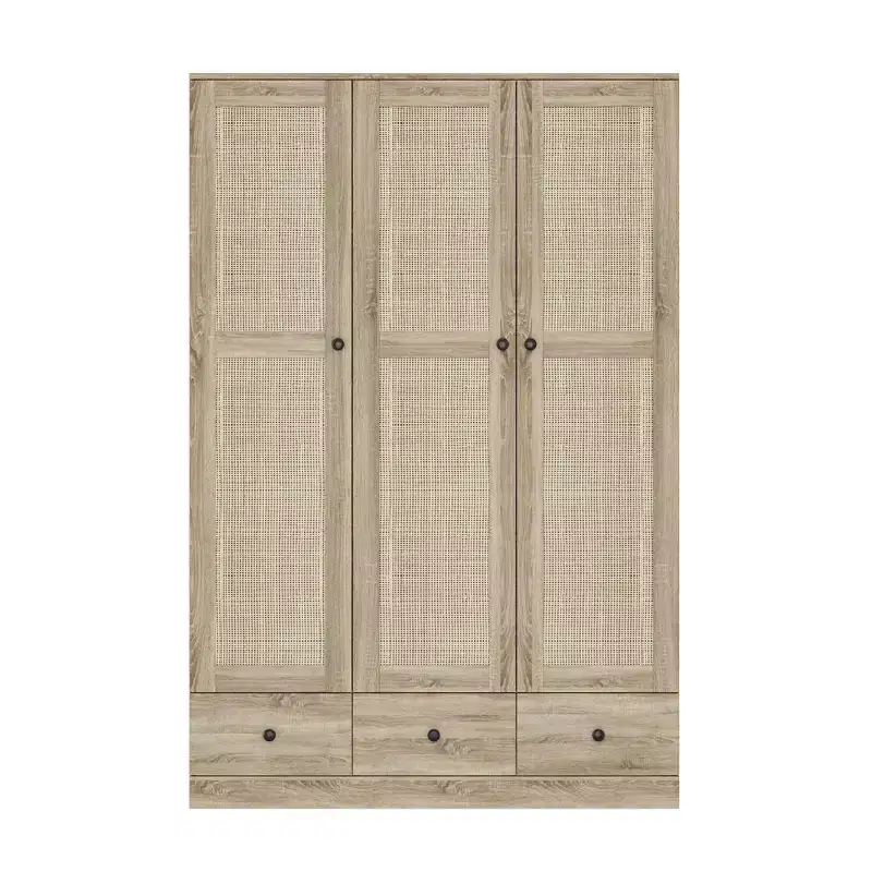 Armoire en rotin Famapy à 3 tiroirs, placard à 3 portes en rotin respirant, armoire de rangement haute de style ferme pour chambre à coucher