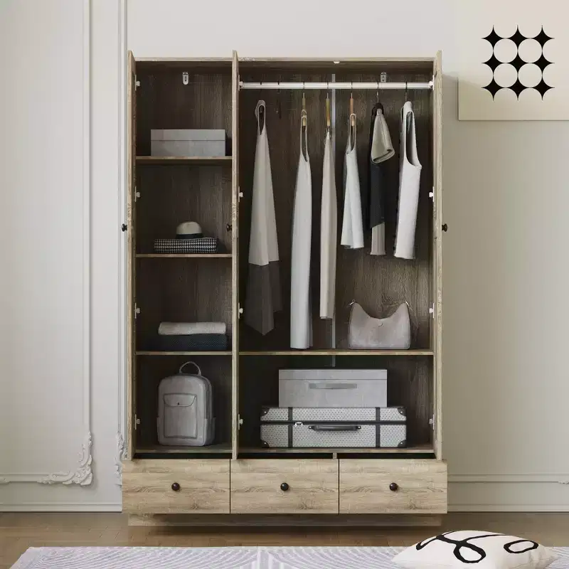 Armoire en rotin Famapy à 3 tiroirs, placard à 3 portes en rotin respirant, armoire de rangement haute de style ferme pour chambre à coucher