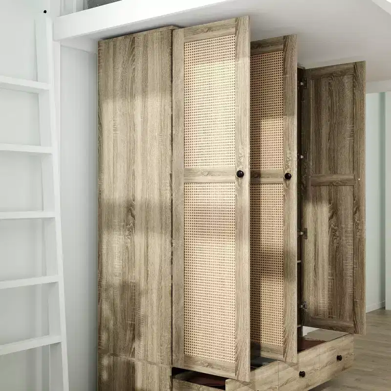 Armoire en rotin Famapy à 3 tiroirs, placard à 3 portes en rotin respirant, armoire de rangement haute de style ferme pour chambre à coucher