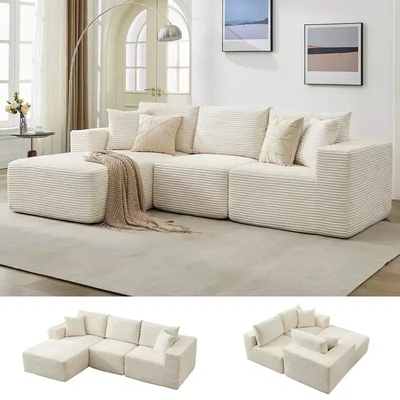Canapé moderne 108, canapé 3 places rembourré en forme de L avec oreillers, canapé à assise profonde, aucun assemblage requis