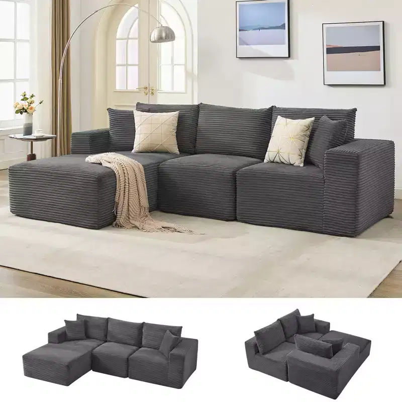 Canapé moderne 108, canapé 3 places rembourré en forme de L avec oreillers, canapé à assise profonde, aucun assemblage requis
