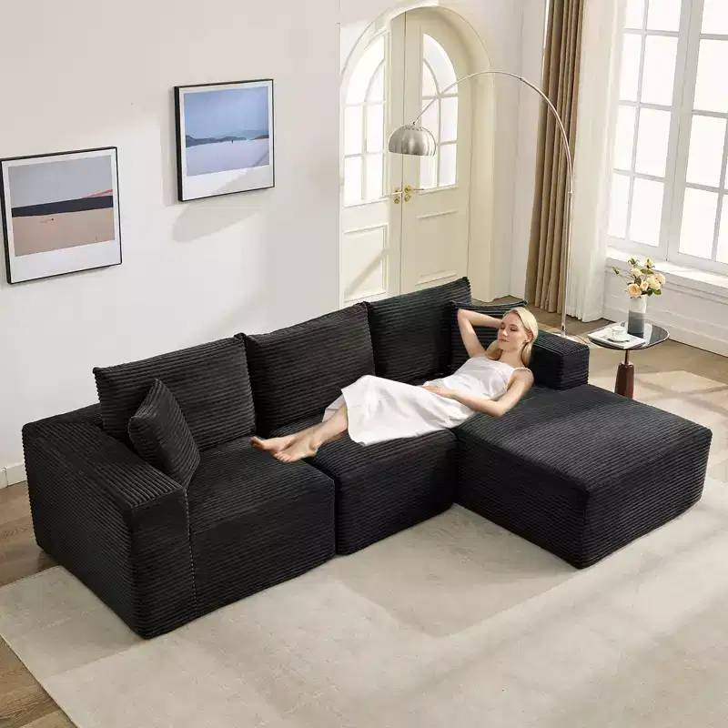 Canapé moderne 108, canapé 3 places rembourré en forme de L avec oreillers, canapé à assise profonde, aucun assemblage requis