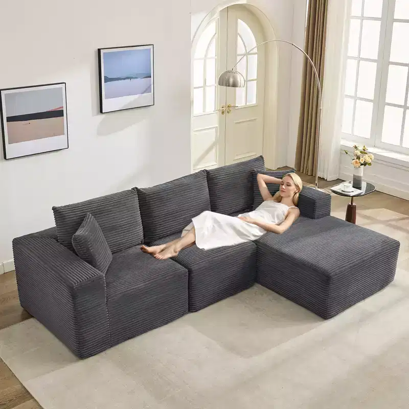 Canapé moderne 108, canapé 3 places rembourré en forme de L avec oreillers, canapé à assise profonde, aucun assemblage requis