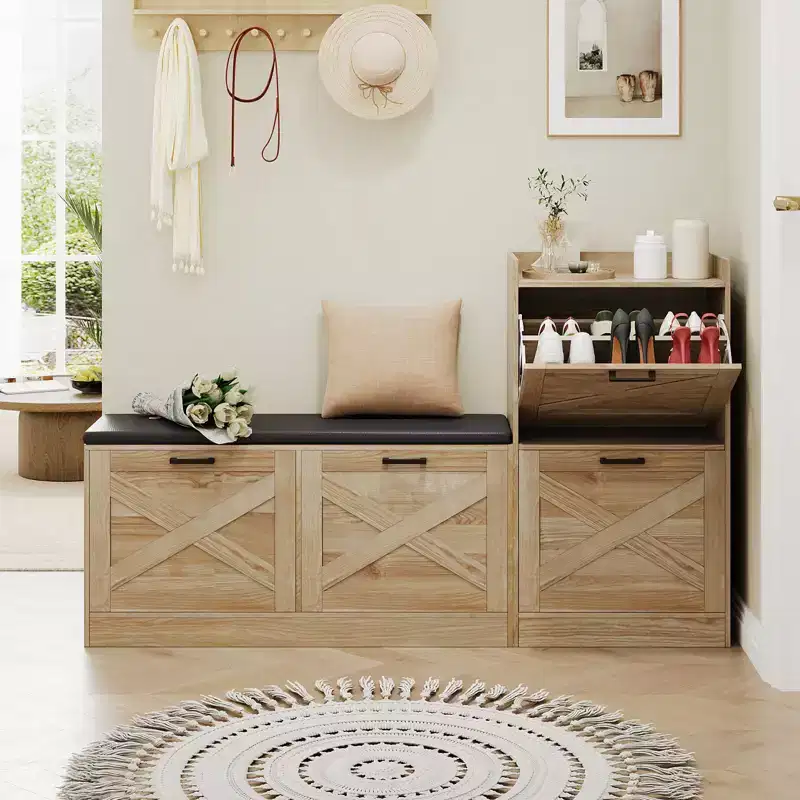 Banc avec 4 tiroirs relevables et coussin de siège rembourré, Étagère à chaussures étroite en bois, Convient pour le banc d'entrée de salon
