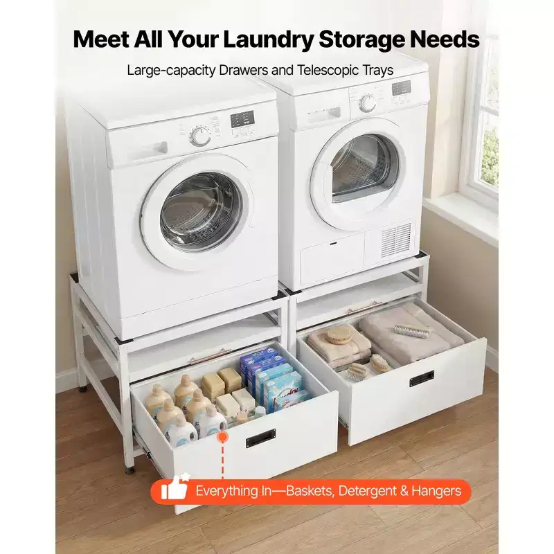 Socle de lave-linge et sèche-linge VEVOR, hauteur 57,4 cm, 73,6 x 73,6 cm, avec tiroir coulissant et espace de rangement, capacité de charge 362,9 kg, antidérapant, blanc