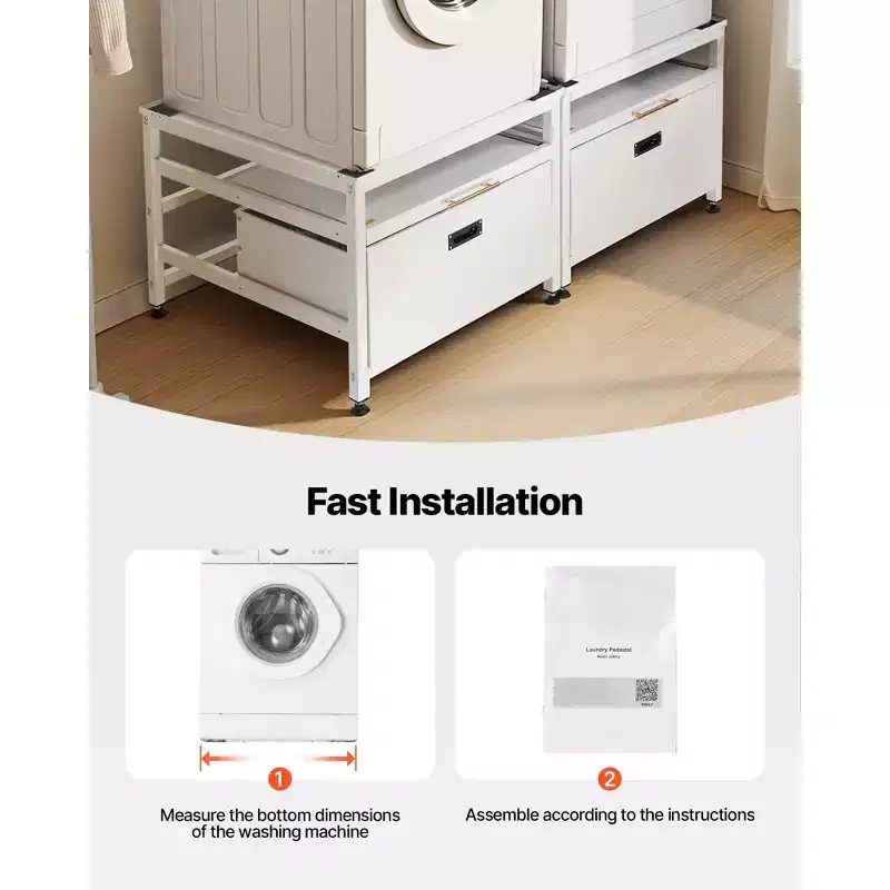 Socle de lave-linge et sèche-linge VEVOR, hauteur 57,4 cm, 73,6 x 73,6 cm, avec tiroir coulissant et espace de rangement, capacité de charge 362,9 kg, antidérapant, blanc