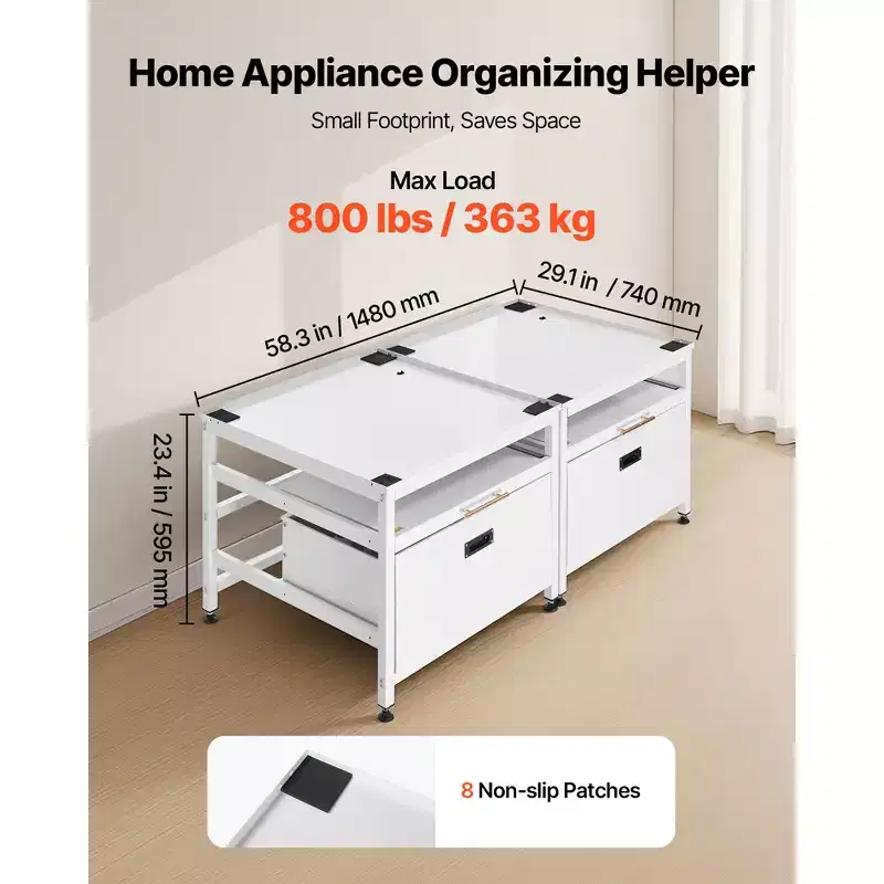 Socle de lave-linge et sèche-linge VEVOR, hauteur 57,4 cm, 73,6 x 73,6 cm, avec tiroir coulissant et espace de rangement, capacité de charge 362,9 kg, antidérapant, blanc