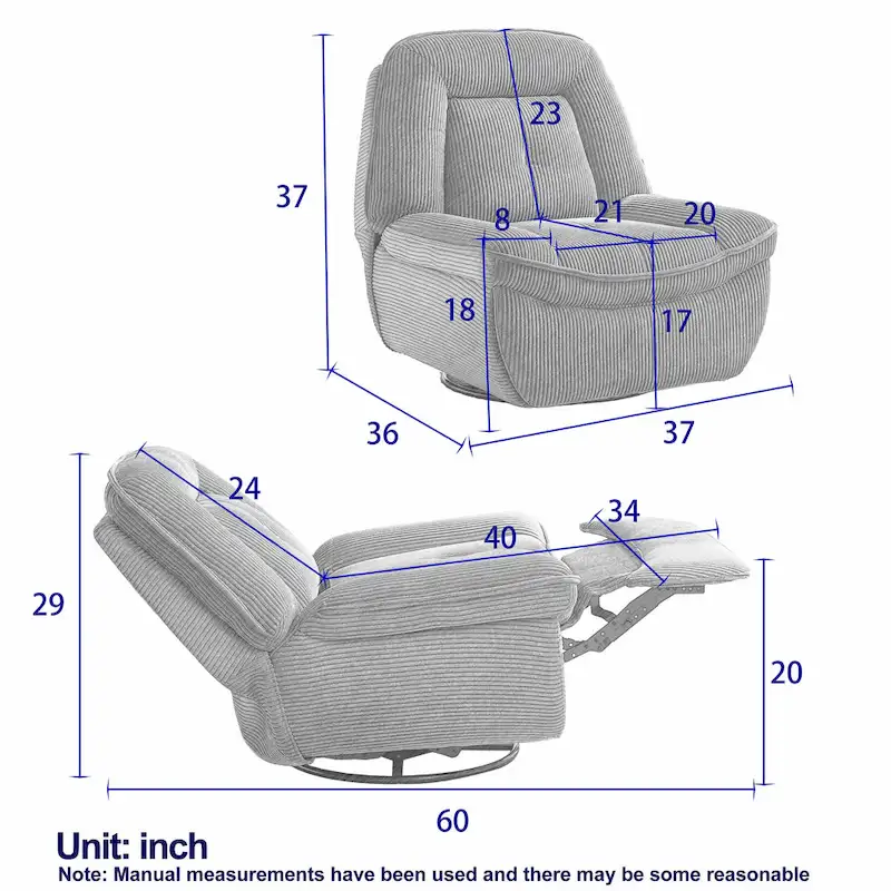 Fauteuil inclinable pivotant et coulissant en velours côtelé avec repose-pieds pour salon