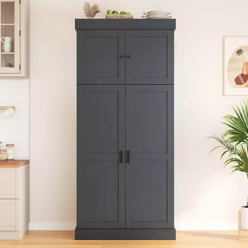 Garde-manger de cuisine autoportant 77H, armoire de rangement de style ferme avec étagères réglables, étagères de porte, tiroirs et casiers à vin - ModernLuxe