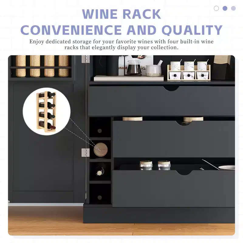 Garde-manger de cuisine autoportant 77H, armoire de rangement de style ferme avec étagères réglables, étagères de porte, tiroirs et casiers à vin - ModernLuxe